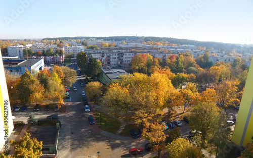 view from the window to the autumn city: a panorama of multi-storey buildings and autumn yellow-orange trees in the rays of the sun