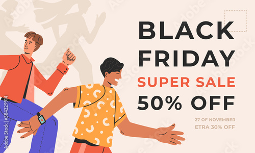 Crowd of happy people running to a super sale on Black Friday, event shopping, special offer, template of banner for business, poster in trendy flat cartoon style, promo concept, vector illustration.
