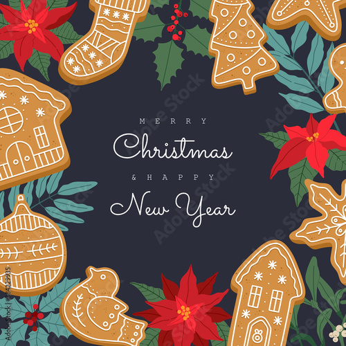 Greeting card for Christmas invitations, with winter plants and gingerbread. Postcard to a holiday New Year's party. Vector illustration in modern flat cartoon style, isolated on dark blue background