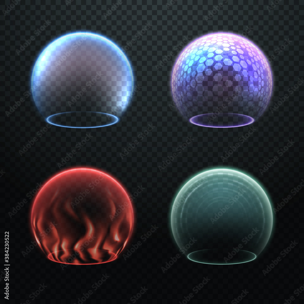 Vecteur Stock Colorful force field set isolated on transparency background,  various protection sphere, force bubble, energy shield or defense field  illustrations, deflector, barrier, science fiction design element | Adobe  Stock