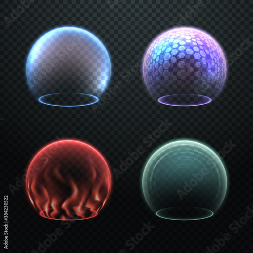 Colorful force field set isolated on transparency background, various protection sphere, force bubble, energy shield or defense field illustrations, deflector, barrier, science fiction design element 