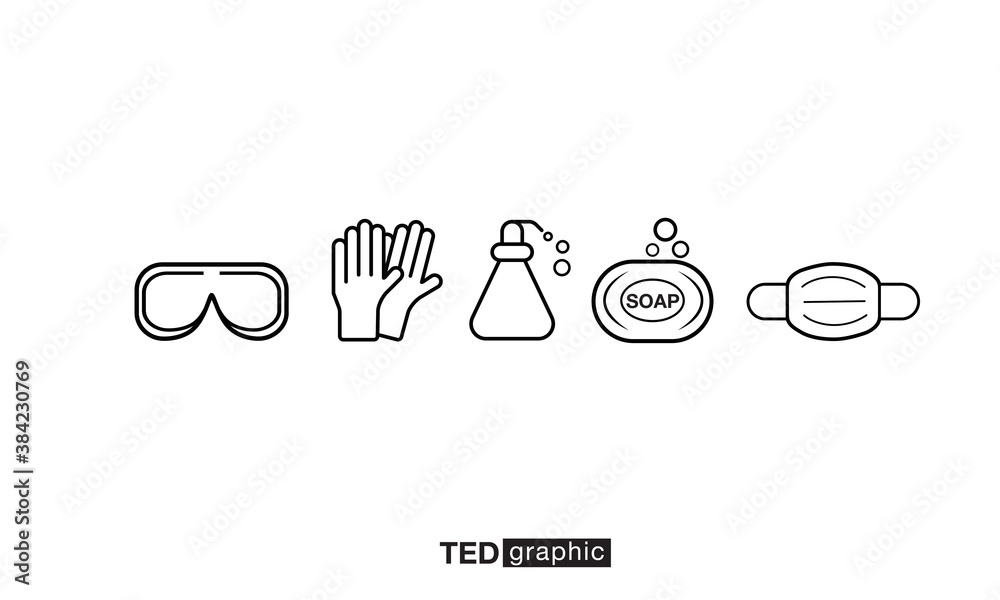 Personal protection equipment icons - protective glasses, latex gloves, dispenser soap, soap, medical mask