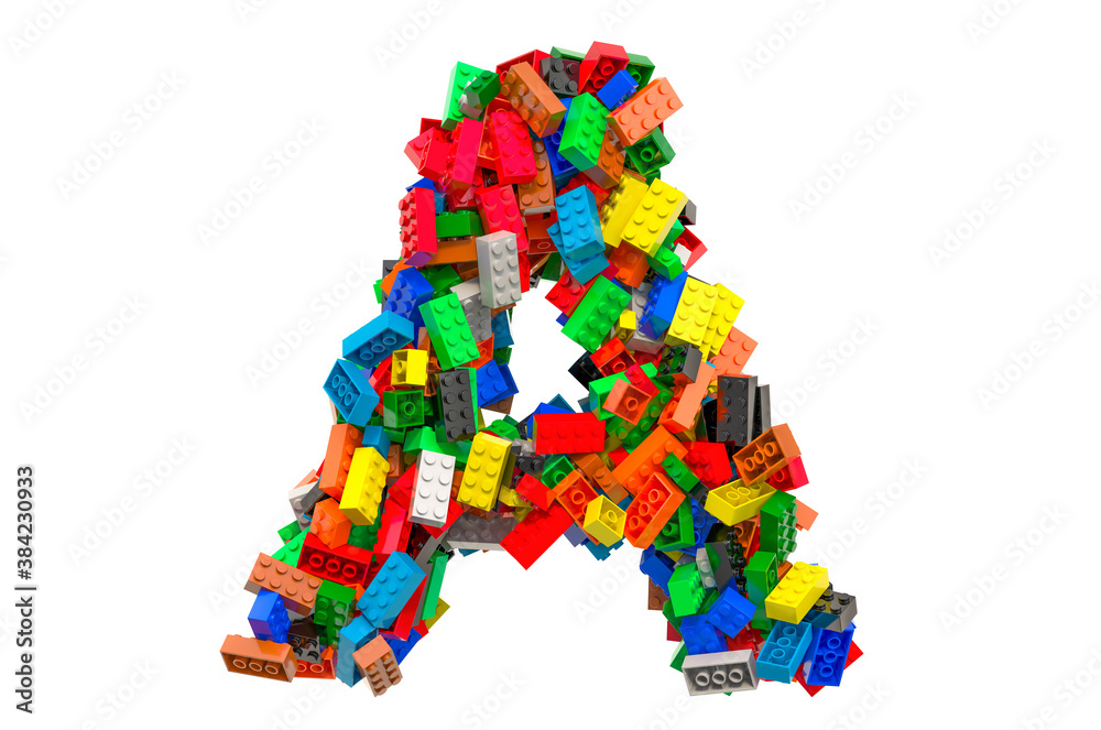 Letter A from colored plastic building blocks, 3D rendering