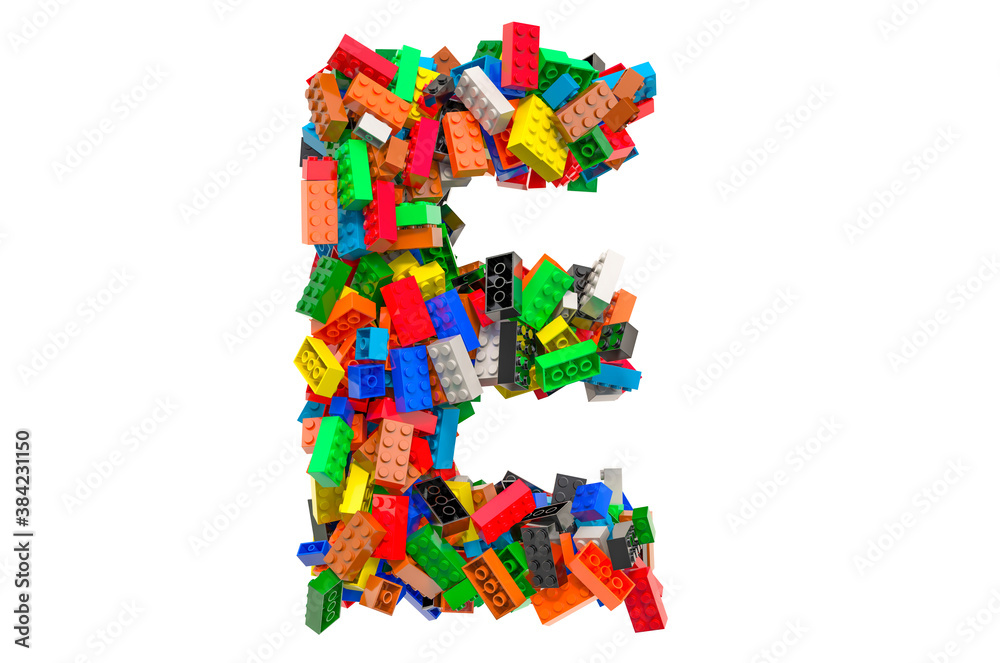 Letter E from colored plastic building blocks, 3D rendering