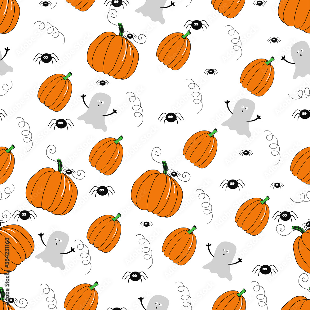 Halloween seamless pattern. Pumpkin, ghost. Vector. Flat drawing style.