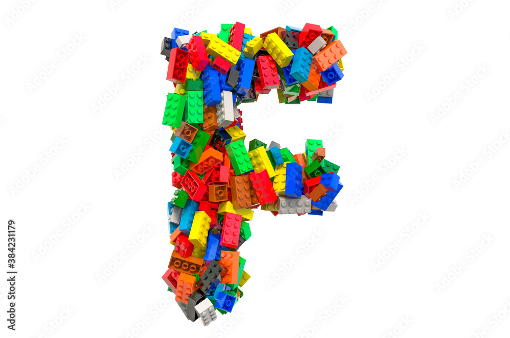 Letter F from colored plastic building blocks, 3D rendering