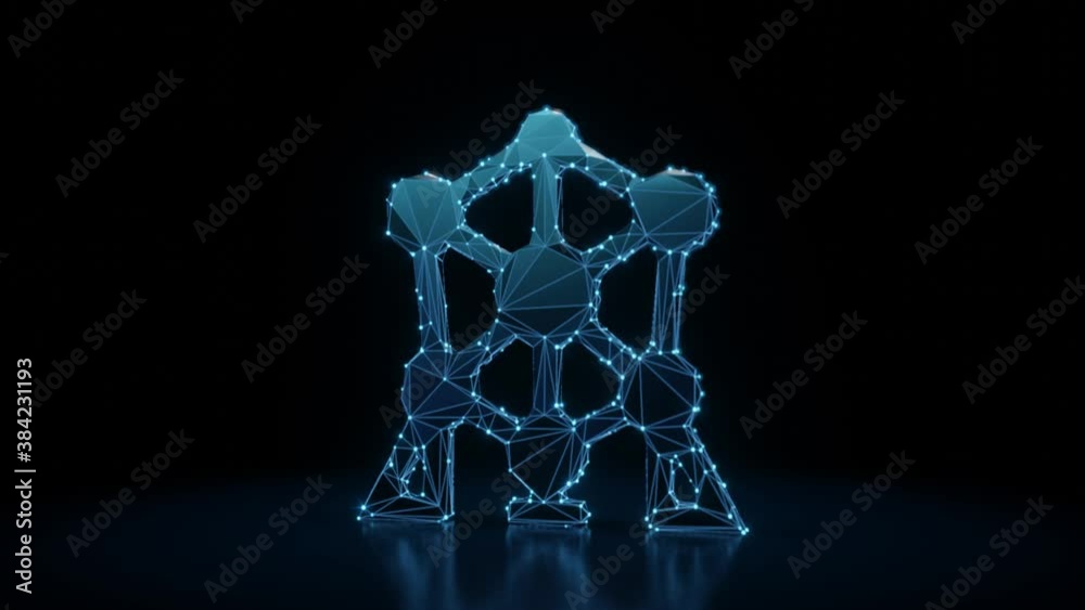 3d rendering 4k fly through wireframe neon glowing symbol of atomium landmark building with bright dots on dark background with blured reflection on floor 3d rendering 4k fly through wireframe neon glowing symbol of atomium landmark building with bright dots on dark background with blured reflection on floor