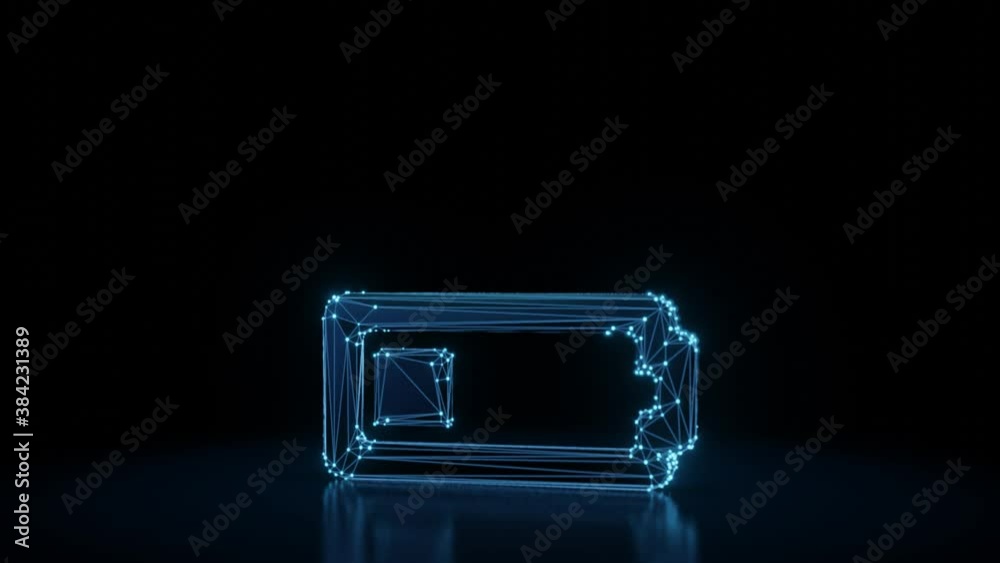 3d rendering 4k fly through wireframe neon glowing horizontal symbol of battery quarter with bright dots on dark background with blured reflection on floor 3d rendering 4k fly through wireframe neon glowing horizontal symbol of battery quarter with bright dots on dark background with blured reflection on floor