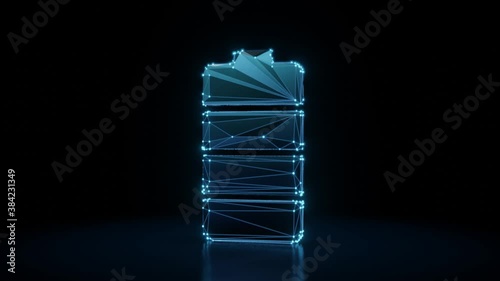 3d rendering 4k fly through wireframe neon glowing vertical symbol of full charged four pieces battery  with bright dots on dark background with blured reflection on floor photo