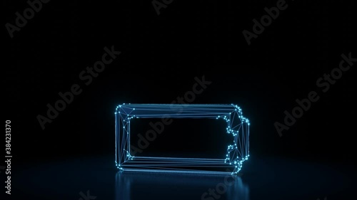 3d rendering 4k fly through wireframe neon glowing horizontal symbol of battery empty with bright dots on dark background with blured reflection on floor