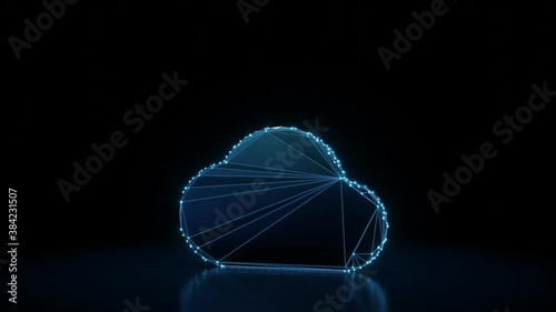 3d rendering 4k fly through wireframe neon glowing symbol of filled cloud with bright dots on dark background with blured reflection on floor