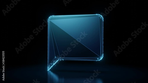 3d rendering 4k fly through wireframe neon glowing symbol of black bubble speech with sharp pointer with bright dots on dark background with blured reflection on floor