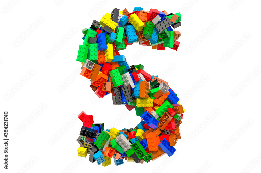 Letter S from colored plastic building blocks, 3D rendering Letter S from colored plastic building blocks, 3D rendering