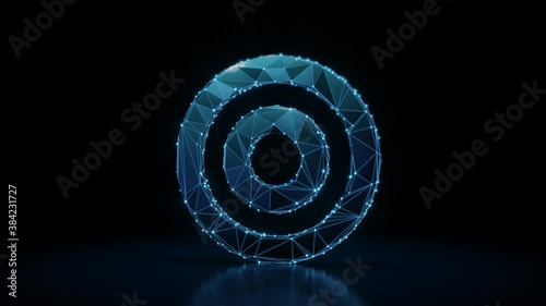 3d rendering 4k fly through wireframe neon glowing symbol of bullseye with bright dots on dark background with blured reflection on floor