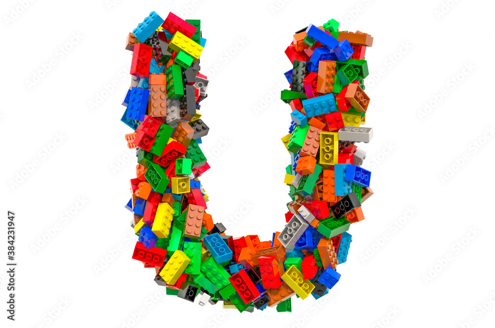 Letter U from colored plastic building blocks, 3D rendering