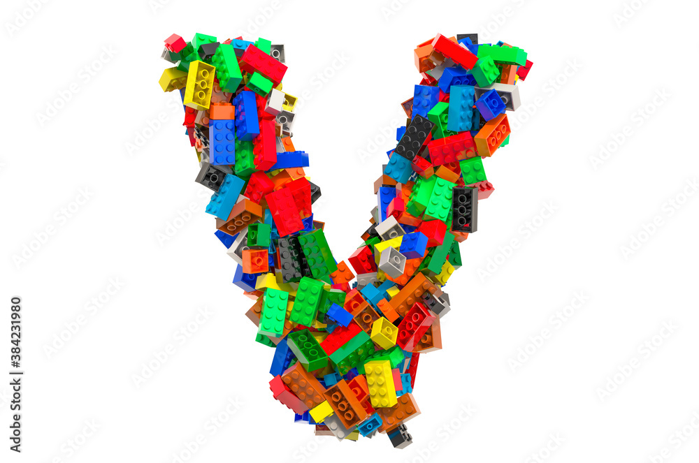 Letter V from colored plastic building blocks, 3D rendering