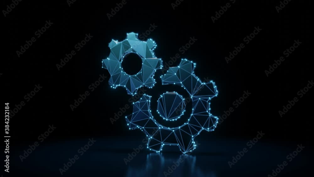 3d rendering 4k fly through wireframe neon glowing symbol of cogwheel covers bigger cogwheel with bright dots on dark background with blured reflection on floor