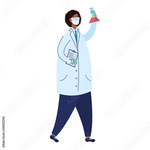 afro female doctor wearing medical mask with tube test flask laboratory