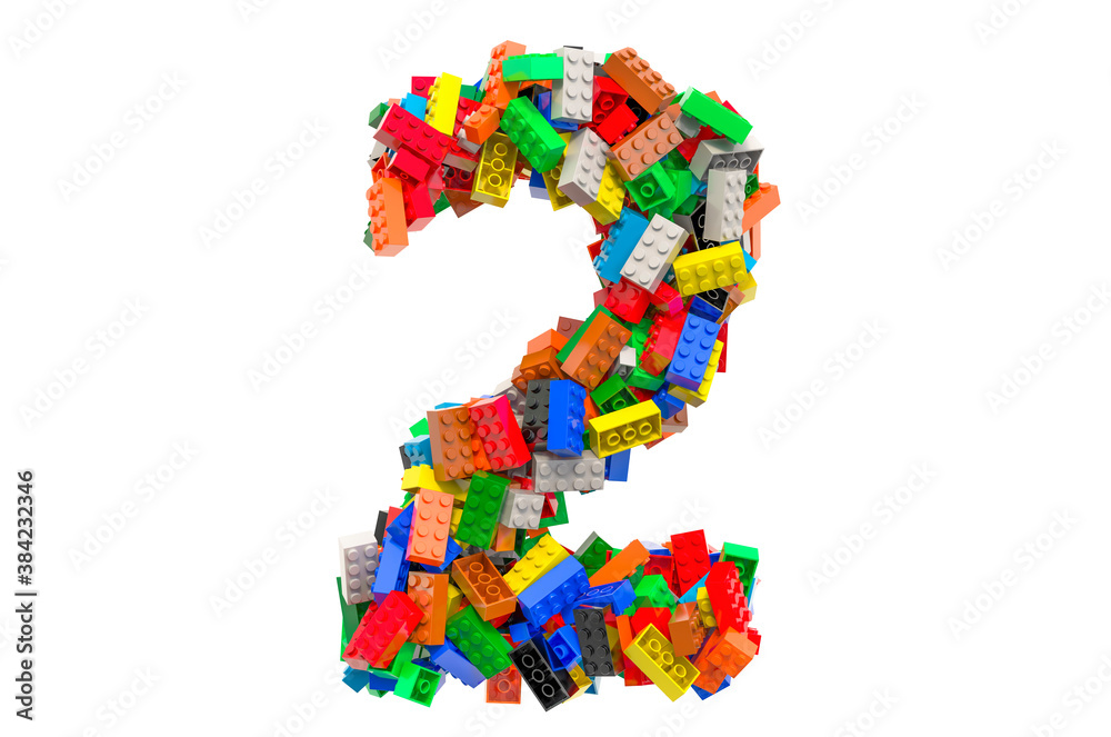 Number 2 from colored plastic building blocks, 3D rendering Number 2 from colored plastic building blocks, 3D rendering
