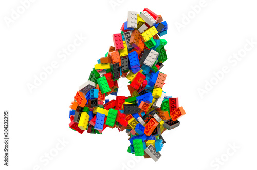Number 4 from colored plastic building blocks  3D rendering