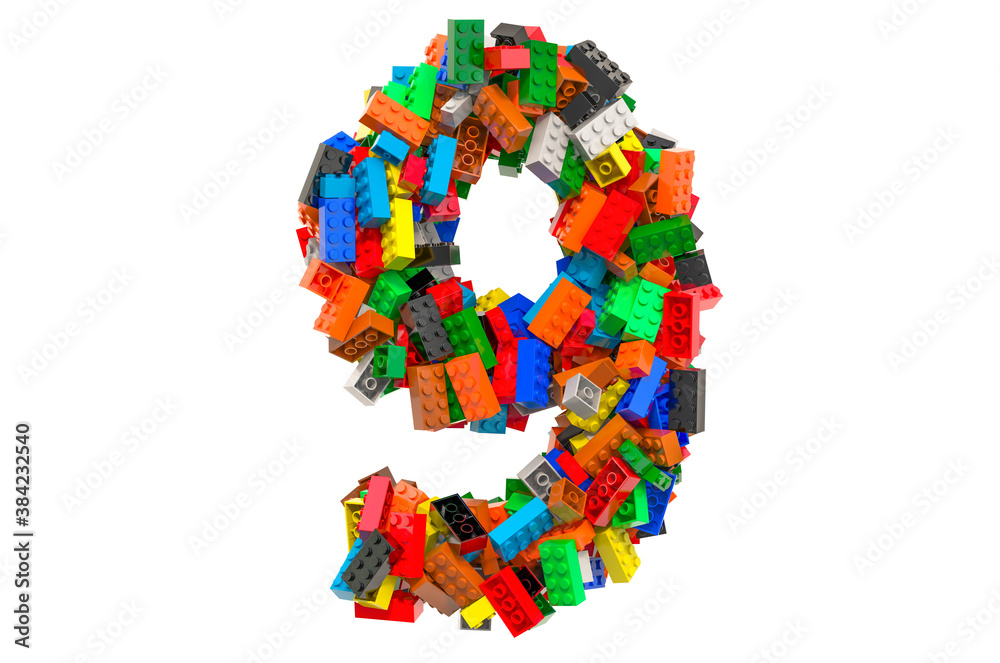 Number 9 from colored plastic building blocks, 3D rendering