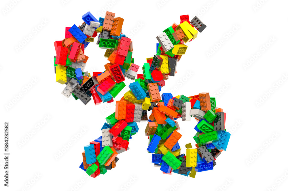 Percent sign from colored plastic building blocks, 3D rendering
