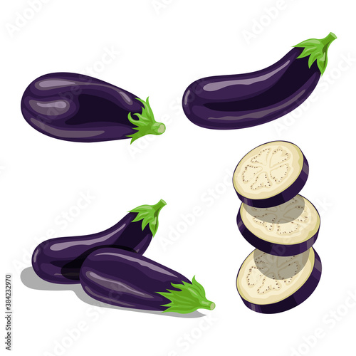 Cartoon eggplants set. Single, group and sliced eggplants. Aubergine vegetables. Vector illustrations collection isolated on white background.