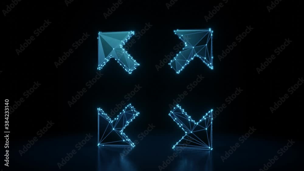 3d rendering 4k fly through wireframe neon glowing symbol of expand arrows with bright dots on dark background with blured reflection on floor 3d rendering 4k fly through wireframe neon glowing symbol of expand arrows with bright dots on dark background with blured reflection on floor