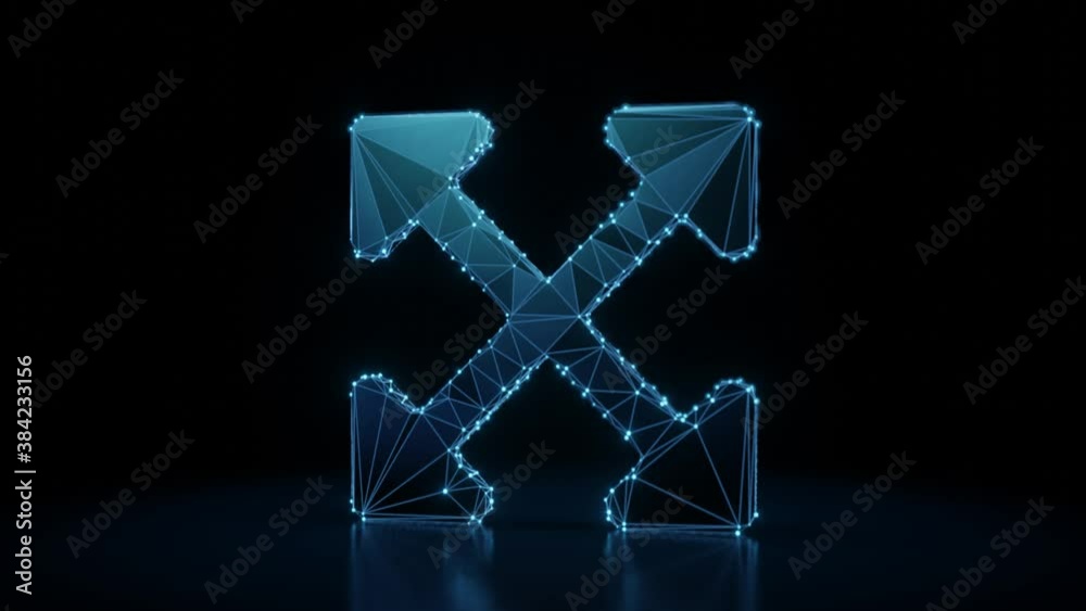 3d rendering 4k fly through wireframe neon glowing symbol of expand arrows with rounded corners with bright dots on dark background with blured reflection on floor 3d rendering 4k fly through wireframe neon glowing symbol of expand arrows with rounded corners with bright dots on dark background with blured reflection on floor
