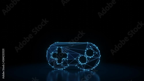 3d rendering 4k fly through wireframe neon glowing symbol of videogame controller with bright dots on dark background with blured reflection on floor