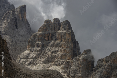 Torri del Vajolet and Catinaccio amazing peaks as seen from Antermoia pass in Catinaccio mountain massif, above Vajolet valley and Principe pass, Dolomites, South Tirol, Italy.