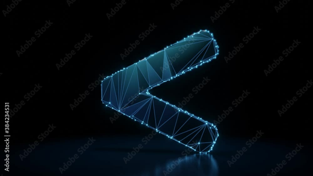 3d rendering 4k fly through wireframe neon glowing symbol of less than mark with bright dots on dark background with blured reflection on floor