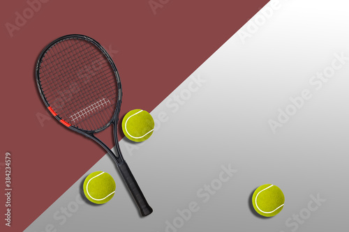 Tennis balls under black racquet. Violet background. Concept sport. © Angelov