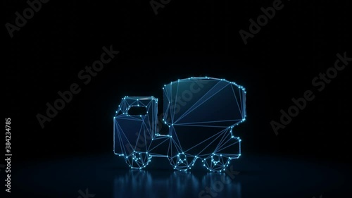 3d rendering 4k fly through wireframe neon glowing symbol of concrete mixer truck with bright dots on dark background with blured reflection on floor