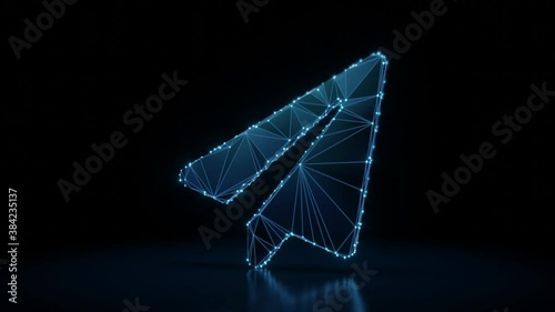3d rendering 4k fly through wireframe neon glowing symbol of paper plane with bright dots on dark background with blured reflection on floor