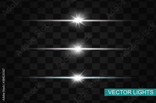 White horizontal lens flares pack. Laser beams, horizontal light rays.Beautiful light flares. Glowing streaks on dark background.