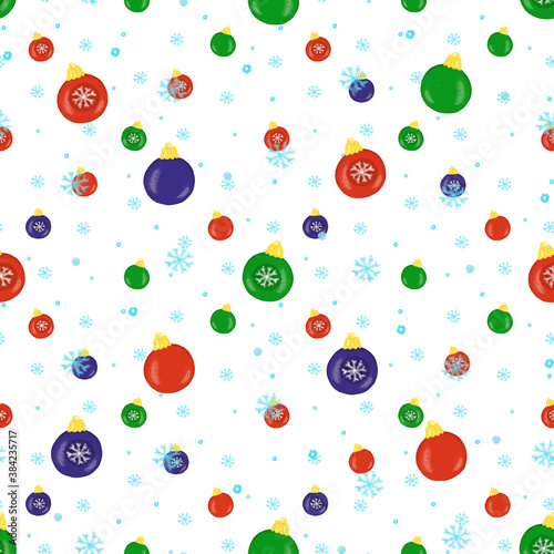 Fototapeta Naklejka Na Ścianę i Meble -  Christmas seamless pattern with multicolored christmas balls and snowflakes