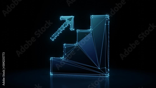 3d rendering 4k fly through wireframe neon glowing symbol of stairs with up arrow with bright dots on dark background with blured reflection on floor