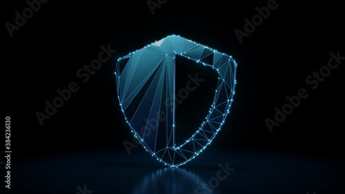 3d rendering 4k fly through wireframe neon glowing symbol of shield with left and right pole with bright dots on dark background with blured reflection on floor