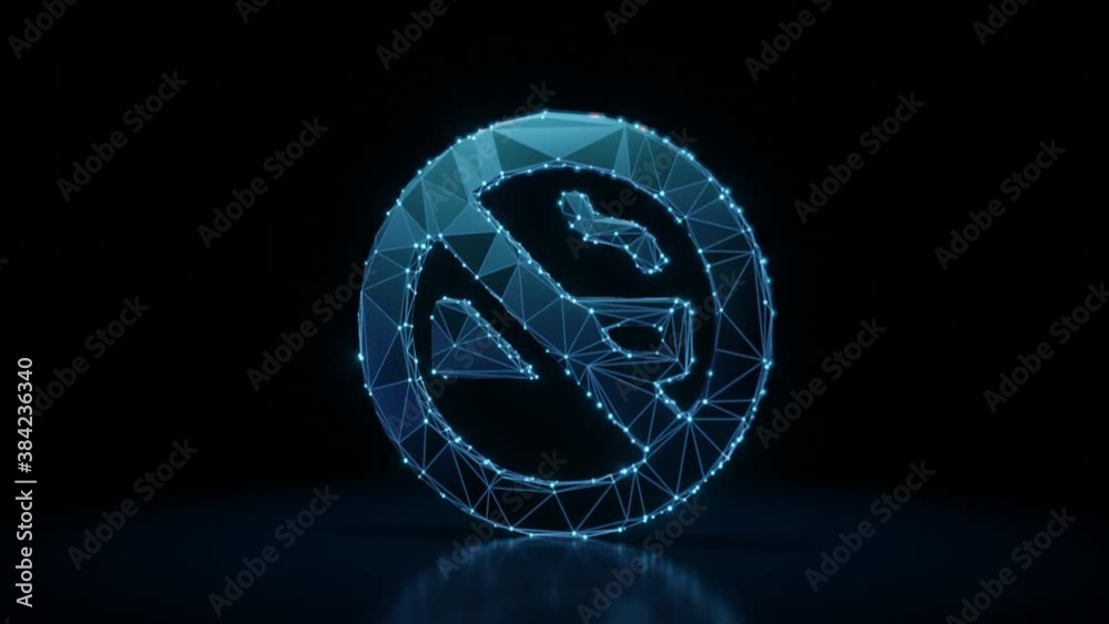 3d rendering 4k fly through wireframe neon glowing symbol of cigarette in ban circle with slash with bright dots on dark background with blured reflection on floor 3d rendering 4k fly through wireframe neon glowing symbol of cigarette in ban circle with slash with bright dots on dark background with blured reflection on floor