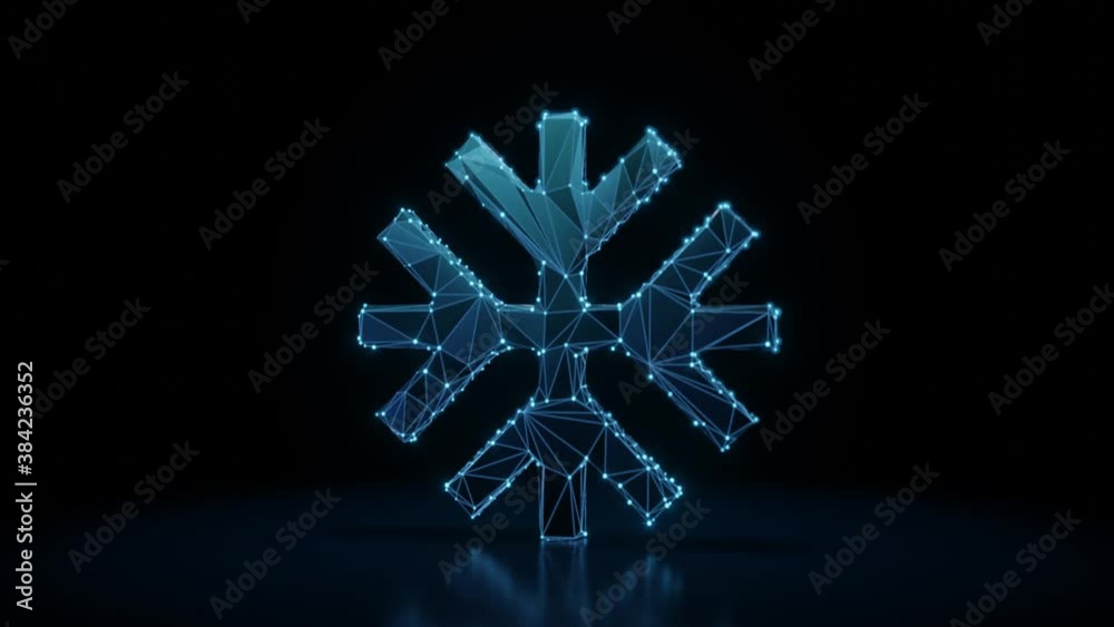 3d rendering 4k fly through wireframe neon glowing symbol of snowflake with bright dots on dark background with blured reflection on floor