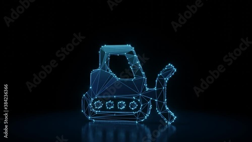 3d rendering 4k fly through wireframe neon glowing symbol of snowplow with bright dots on dark background with blured reflection on floor