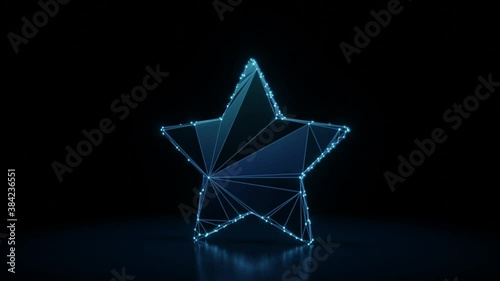 3d rendering 4k fly through wireframe neon glowing symbol of star with sharp points with bright dots on dark background with blured reflection on floor