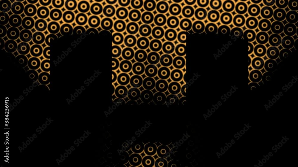 Vertical black rectangles move from the middle to the edges like automatic doors on a black background with gold circles. For titles, captions, text Vertical black rectangles move from the middle to the edges like automatic doors on a black background with gold circles. For titles, captions, text
