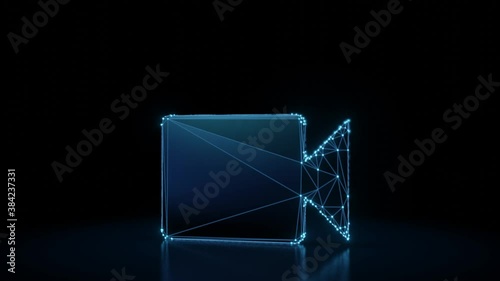 3d rendering 4k fly through wireframe neon glowing symbol of camera  with lens with bright dots on dark background with blured reflection on floor