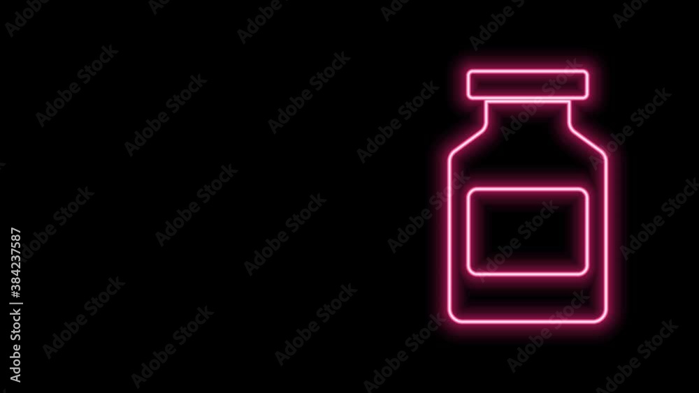 Glowing neon line Medicine bottle icon isolated on black background. Bottle pill sign. Pharmacy design. 4K Video motion graphic animation Glowing neon line Medicine bottle icon isolated on black background. Bottle pill sign. Pharmacy design. 4K Video motion graphic animation