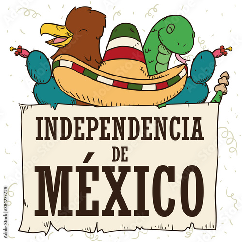 Happy, Patriotic Mexican Symbols Celebrating the Independence Day, Vector Illustration