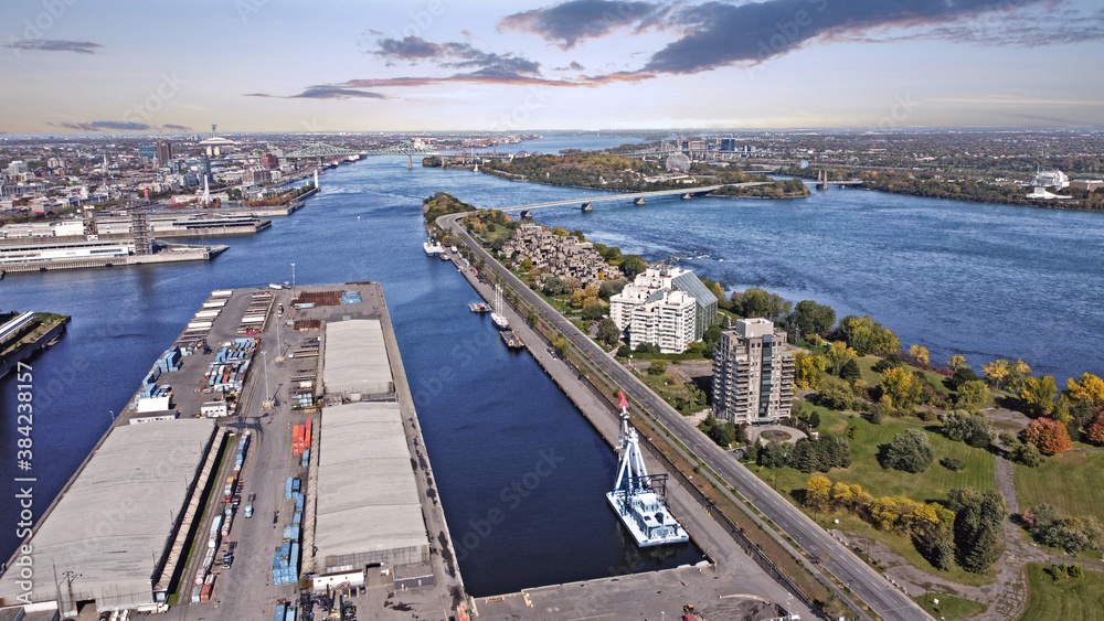 Aerial view on Montreal St-Lawrence river, Jacques Cartier Bridge, Habita 67, Biosphère and Casino de MOntreal