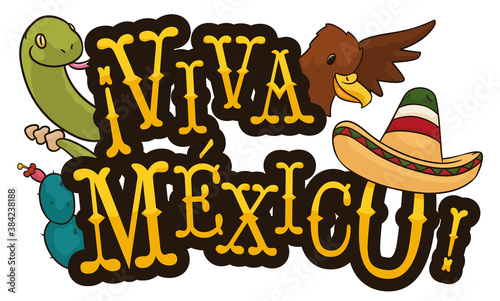 Eagle, Snake, Cactus and Charro Hat Celebrating Mexican Day, Vector Illustration