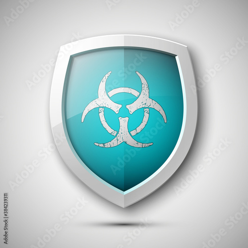 Protection shield with the sign of biological contamination concept. Safety biohazard badge icon. Privacy banner. Security label. Defense tag. Presentation gas attack sticker shape. Defense sign